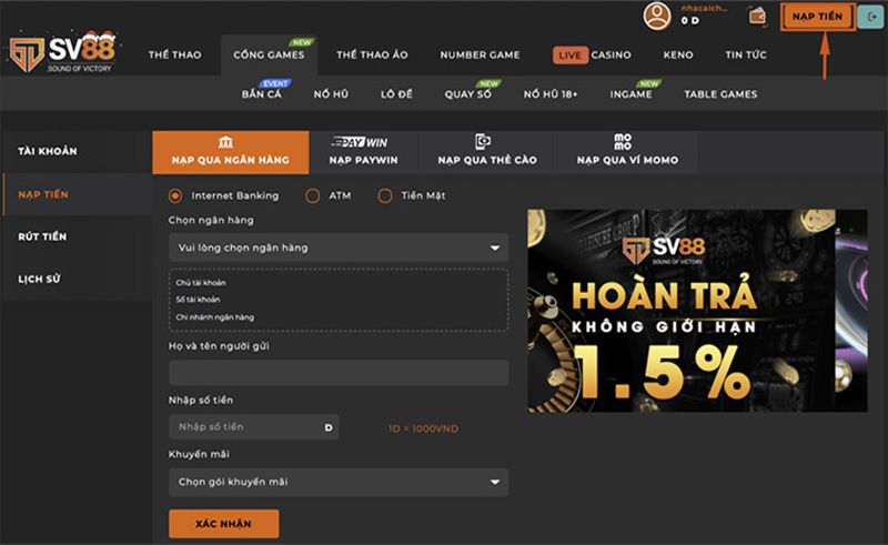 Hình thức nạp tiền nhanh chóng, dễ dàng trên hệ thống SV88